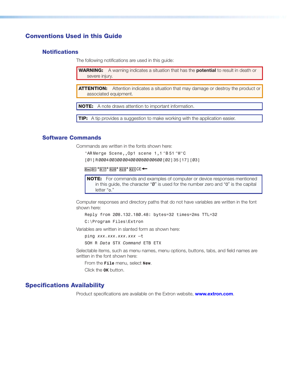 Conventions used in this guide, Notifications, Software commands | Specifications availability | Extron Electronics HDXP Plus Series User Guide User Manual | Page 4 / 125