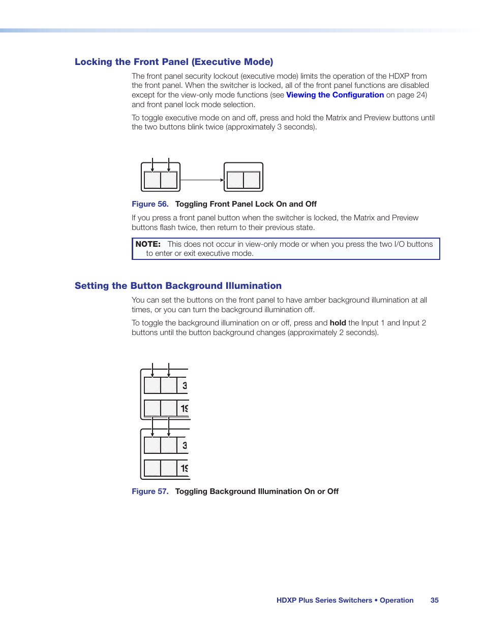 Locking the front panel (executive mode), Setting the button background illumination, Illumination | F (see, Locking the, Front panel (executive mode), Locking out, The front panel [executive mode | Extron Electronics HDXP Plus Series User Guide User Manual | Page 41 / 125