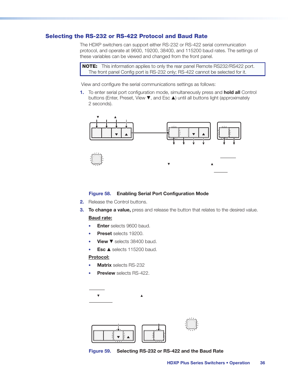 Selecting the rs-232 or rs-422 protocol, And baud rate, Otocol and baud rate (see | Selecting the, Rs-232 or rs-422 protocol and baud rate, Port configuration mode (see, Selecting the rs-232 or rs-422 protocol and, Baud rate, Selecting, The rs-232 or rs-422 protocol and baud rate | Extron Electronics HDXP Plus Series User Guide User Manual | Page 42 / 125