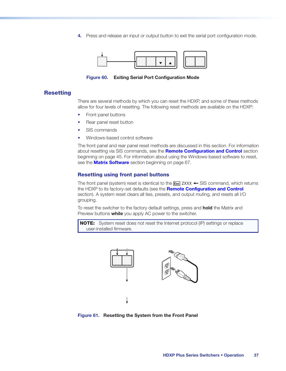 Resetting, Using front panel buttons, Eset (see | Resetting using front panel buttons | Extron Electronics HDXP Plus Series User Guide User Manual | Page 43 / 125