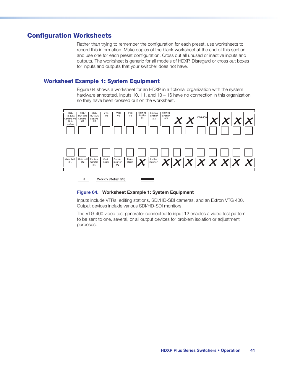 Configuration worksheets, Worksheet example 1: system equipment, Worksheet example 1: system | Equipment, Hdxp plus series switchers • operation 41 | Extron Electronics HDXP Plus Series User Guide User Manual | Page 47 / 125