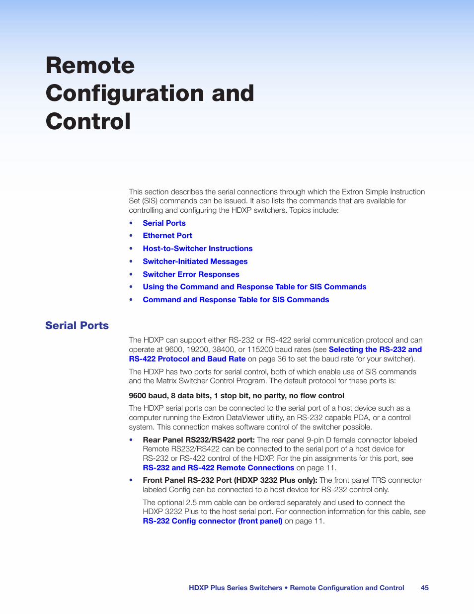 Remote configuration and control, Serial ports, Commands (see the | See the, Ol (see the, Remote, Configuration and control, Section, The hdxp to its factory-set defaults (see the | Extron Electronics HDXP Plus Series User Guide User Manual | Page 51 / 125