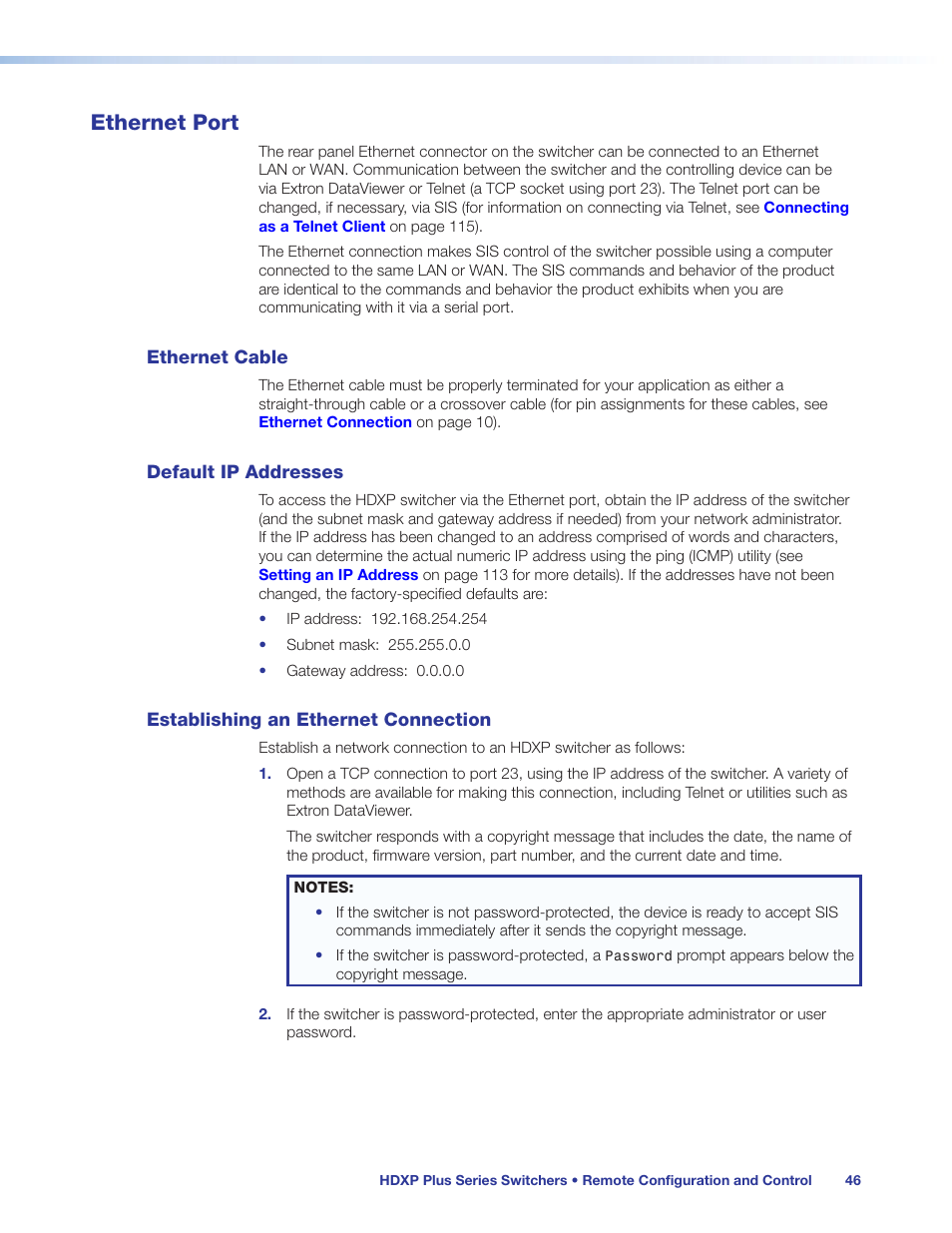 Ethernet port, Ethernet cable, Default ip addresses | Establishing an ethernet connection | Extron Electronics HDXP Plus Series User Guide User Manual | Page 52 / 125