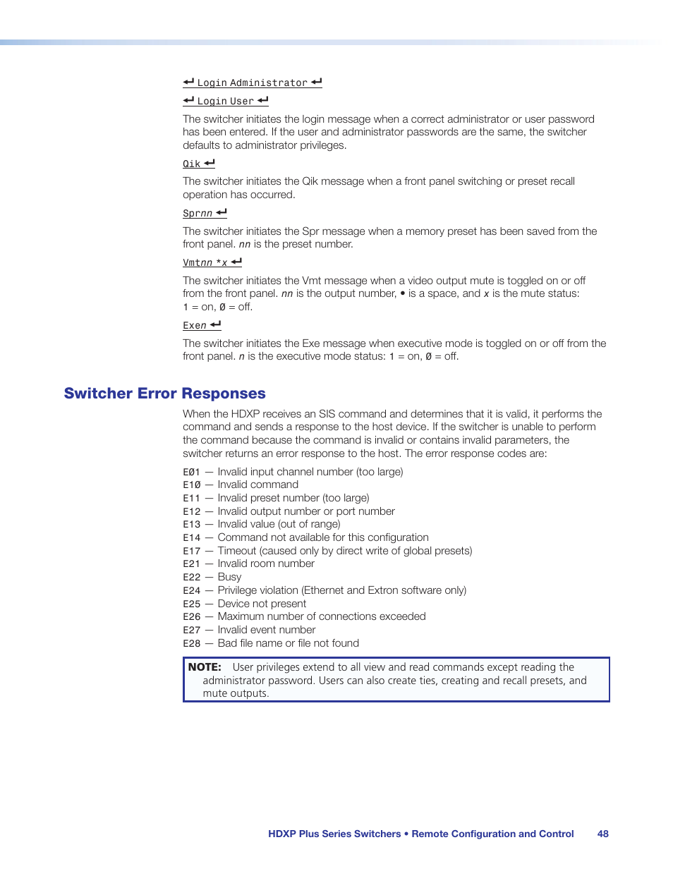 Switcher error responses | Extron Electronics HDXP Plus Series User Guide User Manual | Page 54 / 125