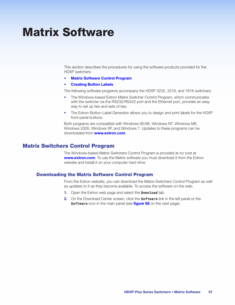 Matrix software, Matrix switchers control program, Downloading the matrix software control program | Downloading the matrix software control, Program, Ogram (see the, Connector) and the | Extron Electronics HDXP Plus Series User Guide User Manual | Page 73 / 125