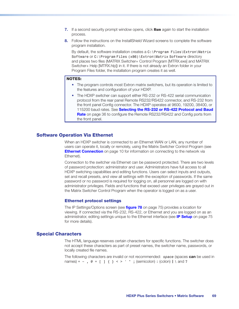 Software operation via ethernet, Special characters, Software operation via ethernet special characters | Extron Electronics HDXP Plus Series User Guide User Manual | Page 75 / 125