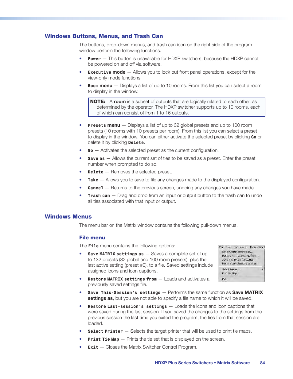 Windows buttons, menus, and trash can, Windows menus | Extron Electronics HDXP Plus Series User Guide User Manual | Page 90 / 125