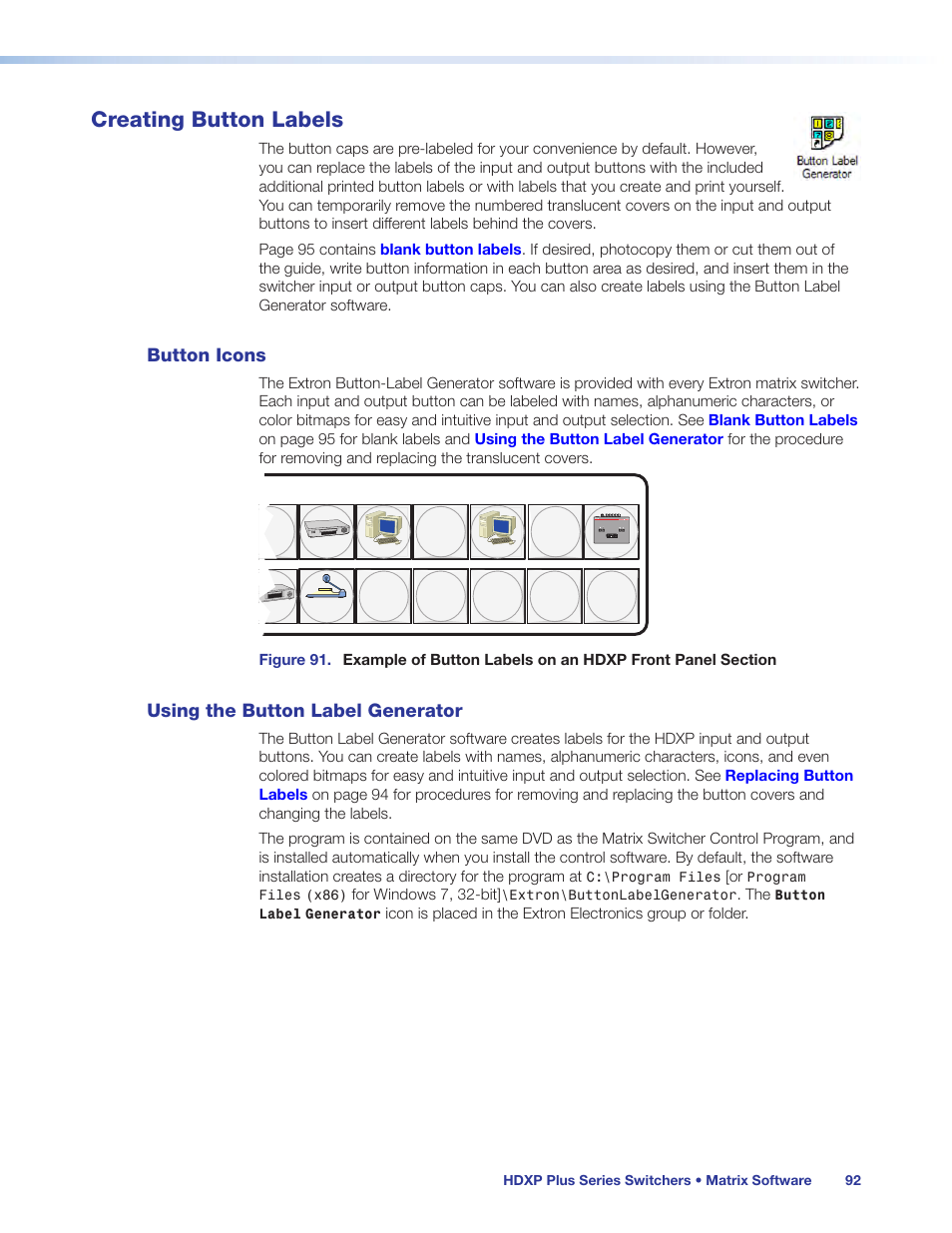 Creating button labels, Button icons, Using the button label generator | Button icons using the button label generator, Ovided). see | Extron Electronics HDXP Plus Series User Guide User Manual | Page 98 / 125