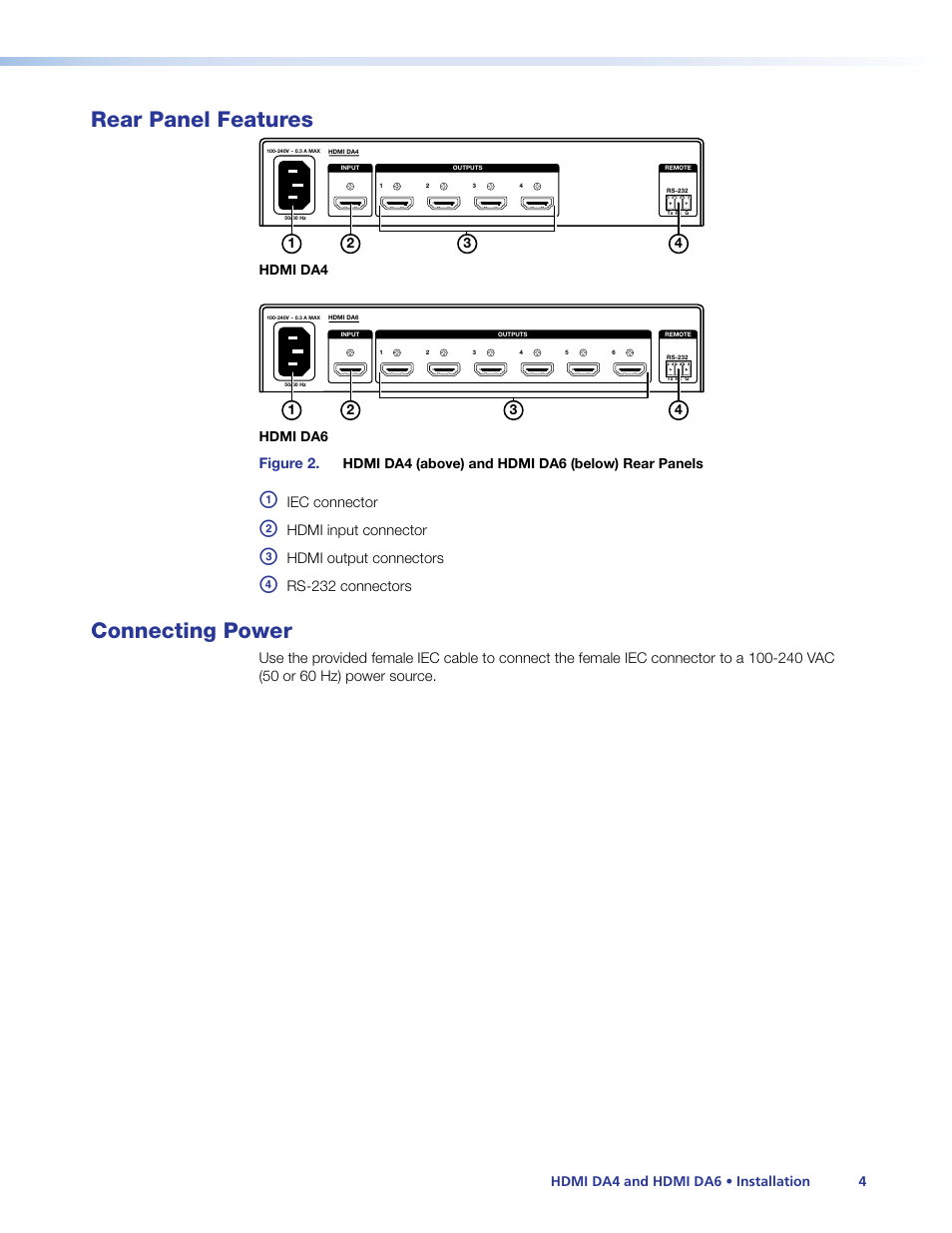 Rear panel features, Connecting power, Rear panel features connecting power | Extron Electronics HDMI DA6 User Guide User Manual | Page 10 / 31