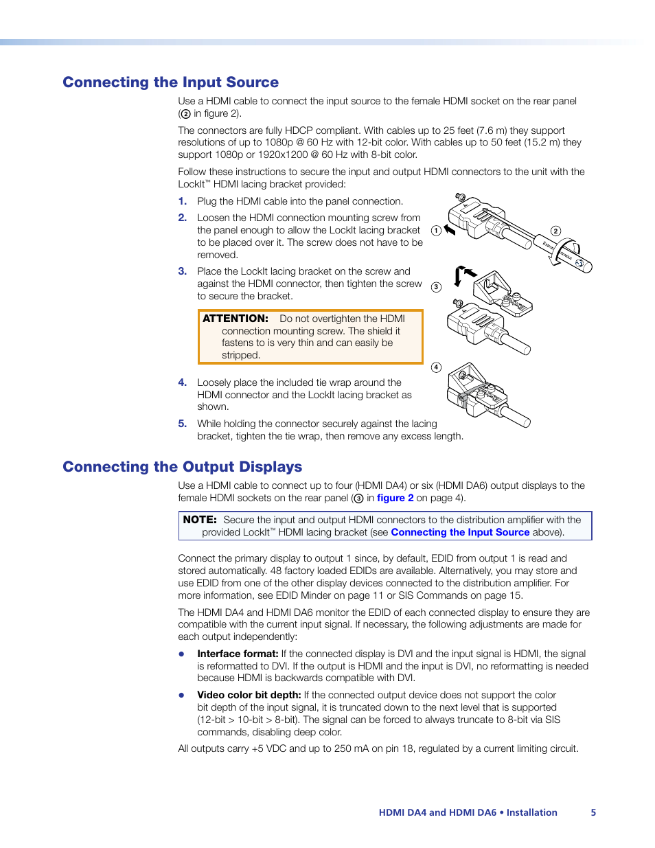 Connecting the input source, Connecting the output displays, Connecting output displays | Connect the display devices, Input device | Extron Electronics HDMI DA6 User Guide User Manual | Page 11 / 31