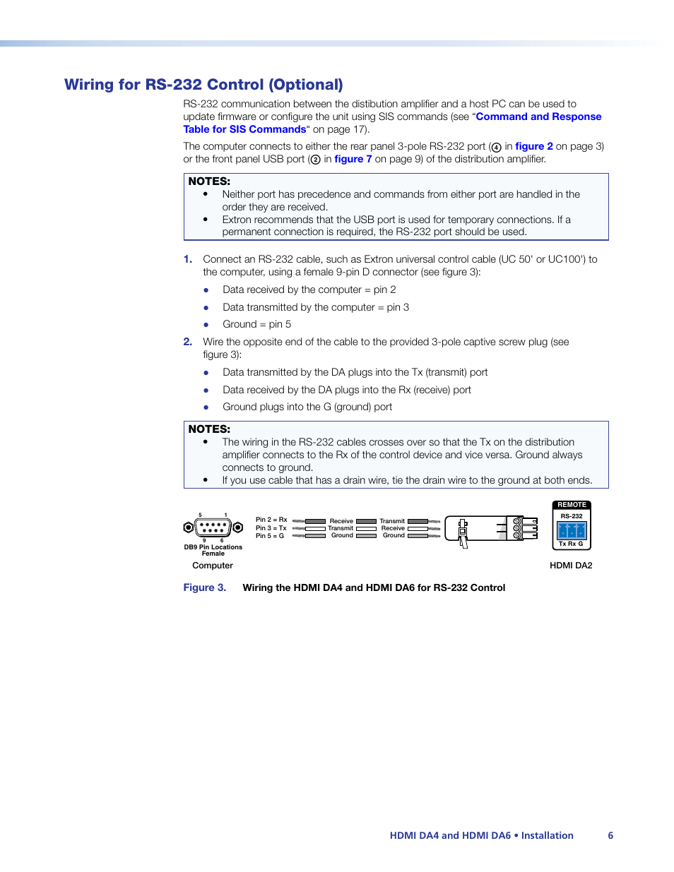 Wiring for rs-232 control (optional), Wiring for rs‑232 control (optional), Wiring for rs-232 control | To the, Rear panel captive screw connector | Extron Electronics HDMI DA6 User Guide User Manual | Page 12 / 31