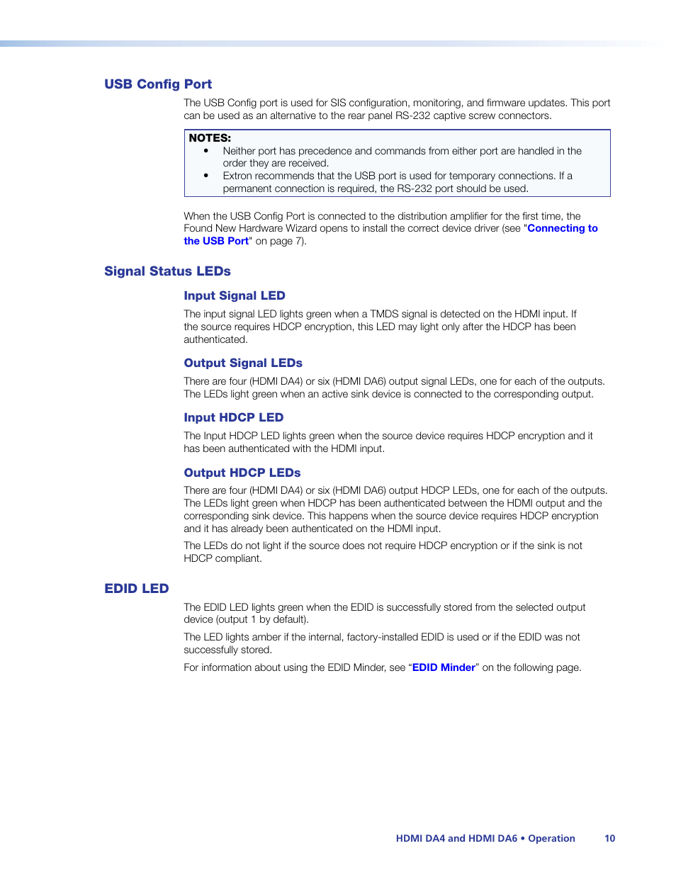 Usb config port, Signal status leds, Edid led | Usb config port signal status leds edid led | Extron Electronics HDMI DA6 User Guide User Manual | Page 16 / 31