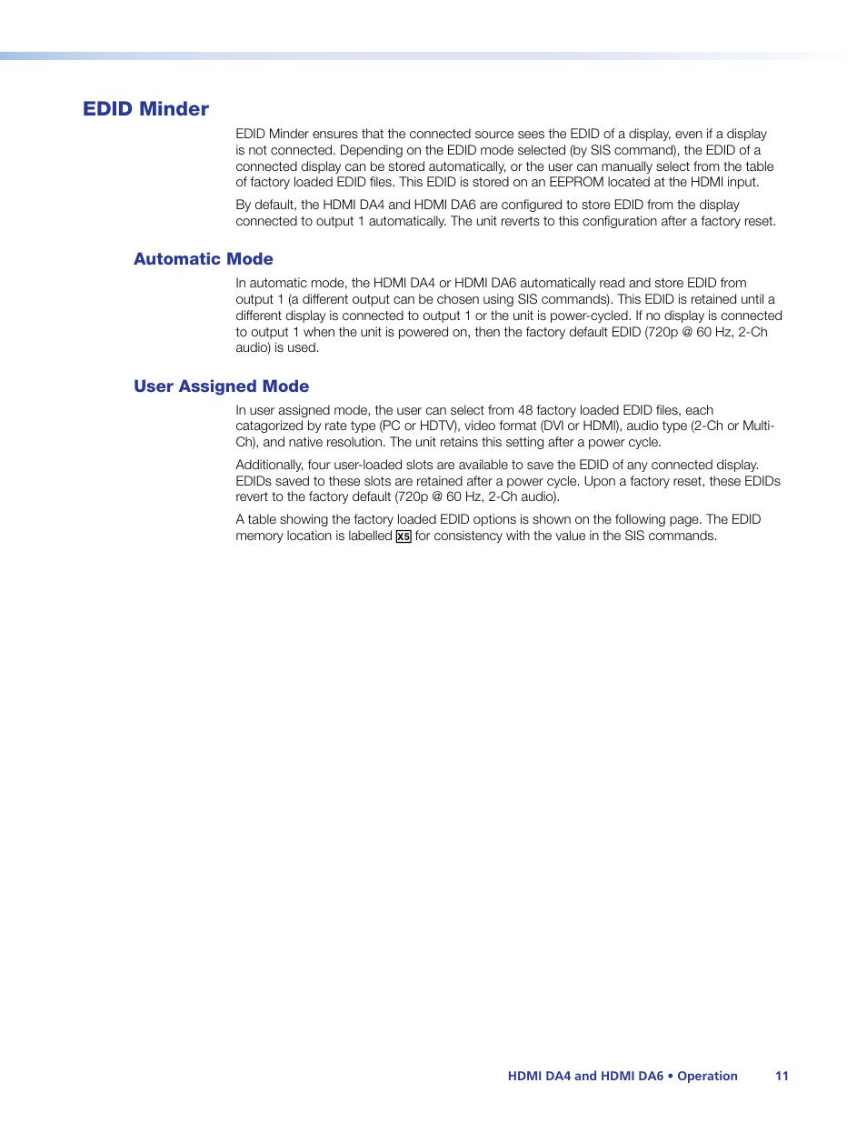 Edid minder, Automatic mode, User assigned mode | Automatic mode user assigned mode | Extron Electronics HDMI DA6 User Guide User Manual | Page 17 / 31