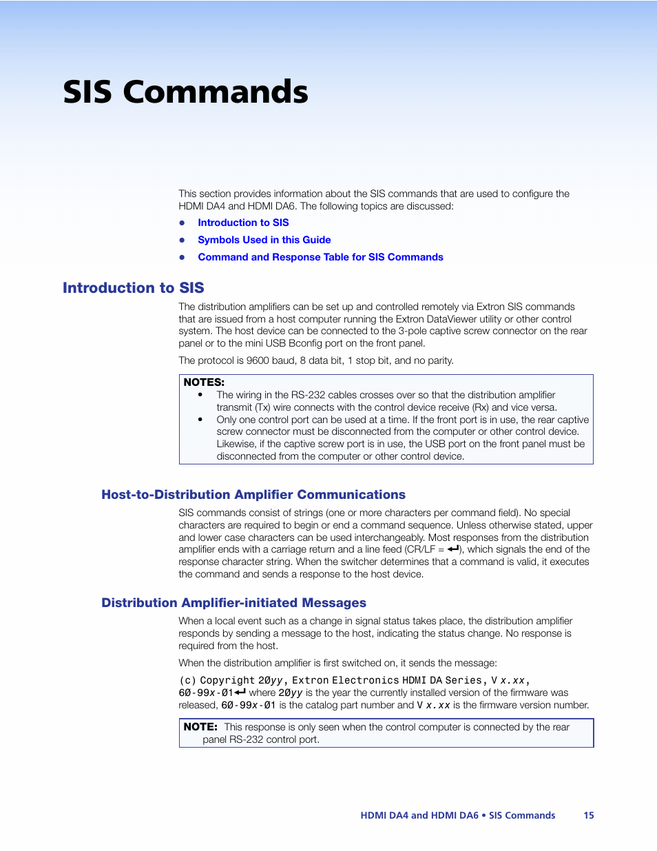 Sis commands, Introduction to sis, Host-to-distribution amplifier communications | Distribution amplifier-initiated messages, Host‑to‑distribution amplifier, Communications, Distribution amplifier‑initiated messages, If configuration using, Is r | Extron Electronics HDMI DA6 User Guide User Manual | Page 21 / 31