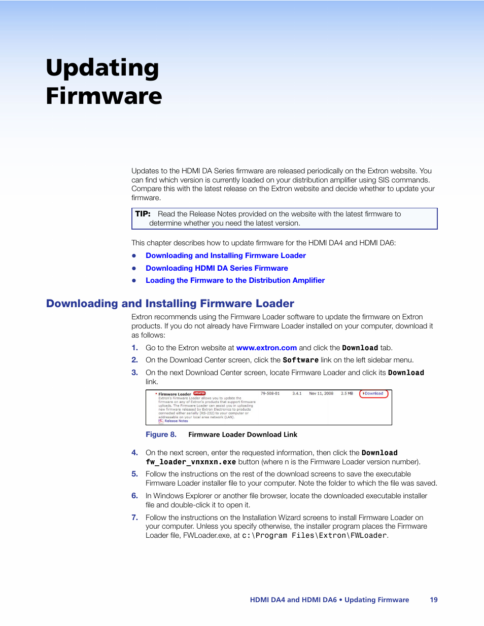 Updating firmware, Downloading and installing firmware loader, Downloading and installing | Firmware loader | Extron Electronics HDMI DA6 User Guide User Manual | Page 25 / 31