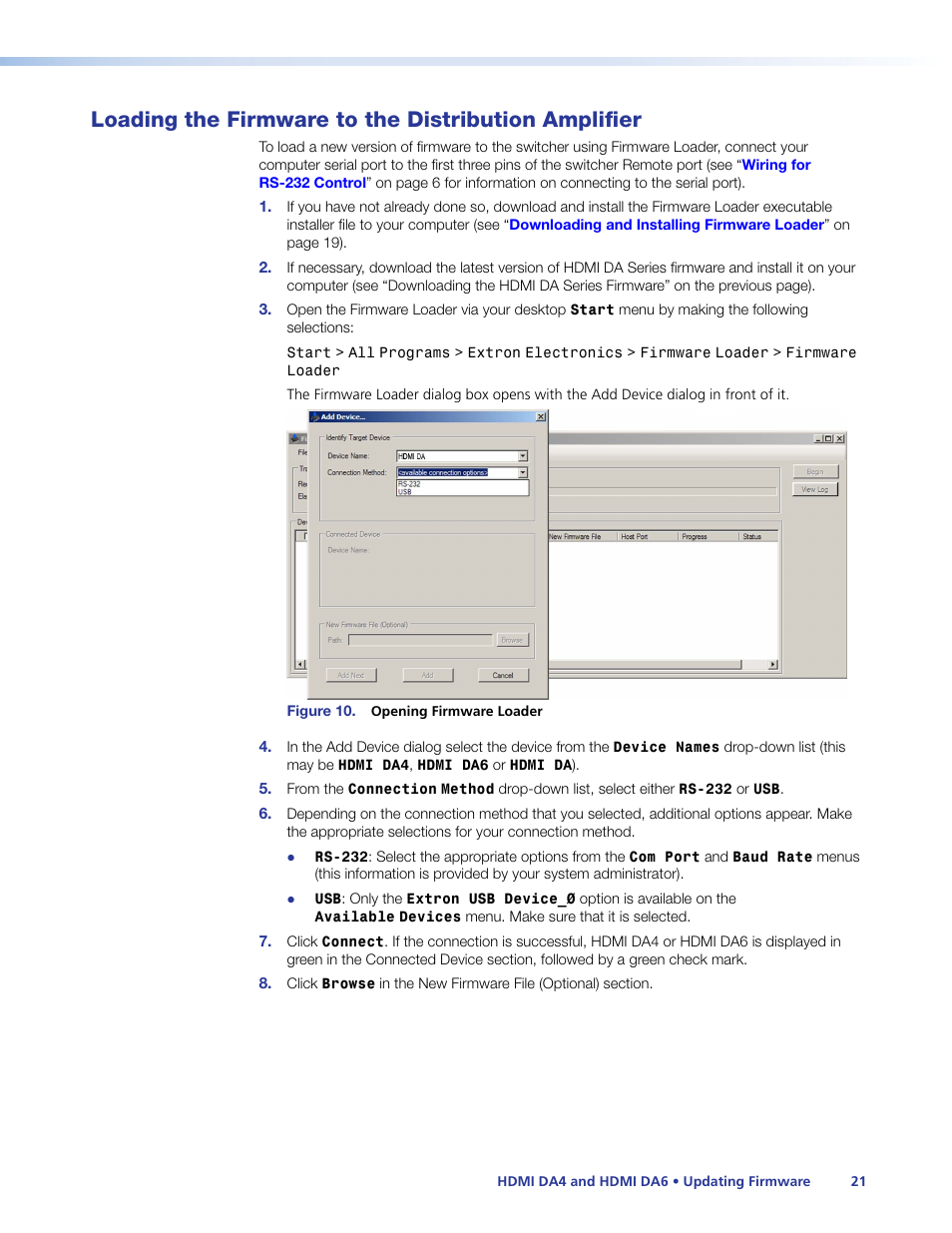 Loading the firmware to the distribution amplifier, Loading the firmware to the, Distribution amplifier | Extron Electronics HDMI DA6 User Guide User Manual | Page 27 / 31