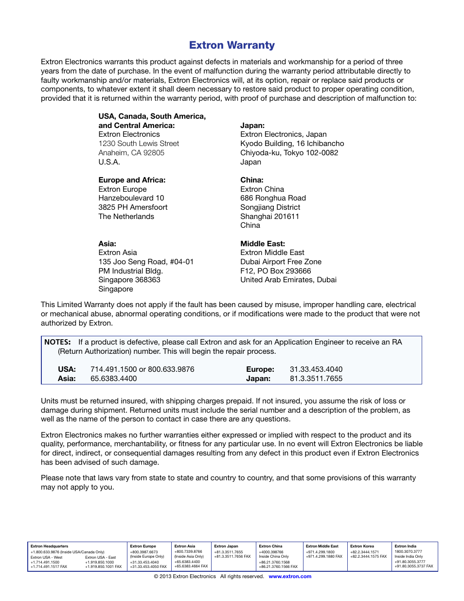 Extron warranty, Extron contact information | Extron Electronics HDMI DA6 User Guide User Manual | Page 31 / 31