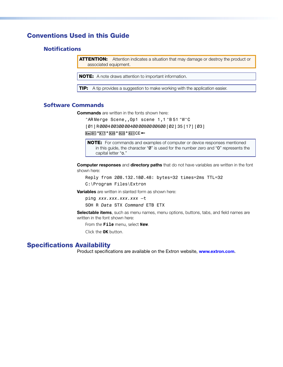 Conventions used in this guide, Notifications, Software commands | Specifications availability | Extron Electronics HDMI DA6 User Guide User Manual | Page 4 / 31