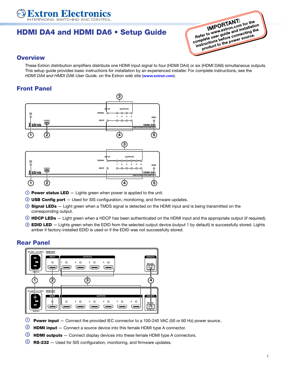 Extron Electronics HDMI DA6 Setup Guide User Manual | 2 pages