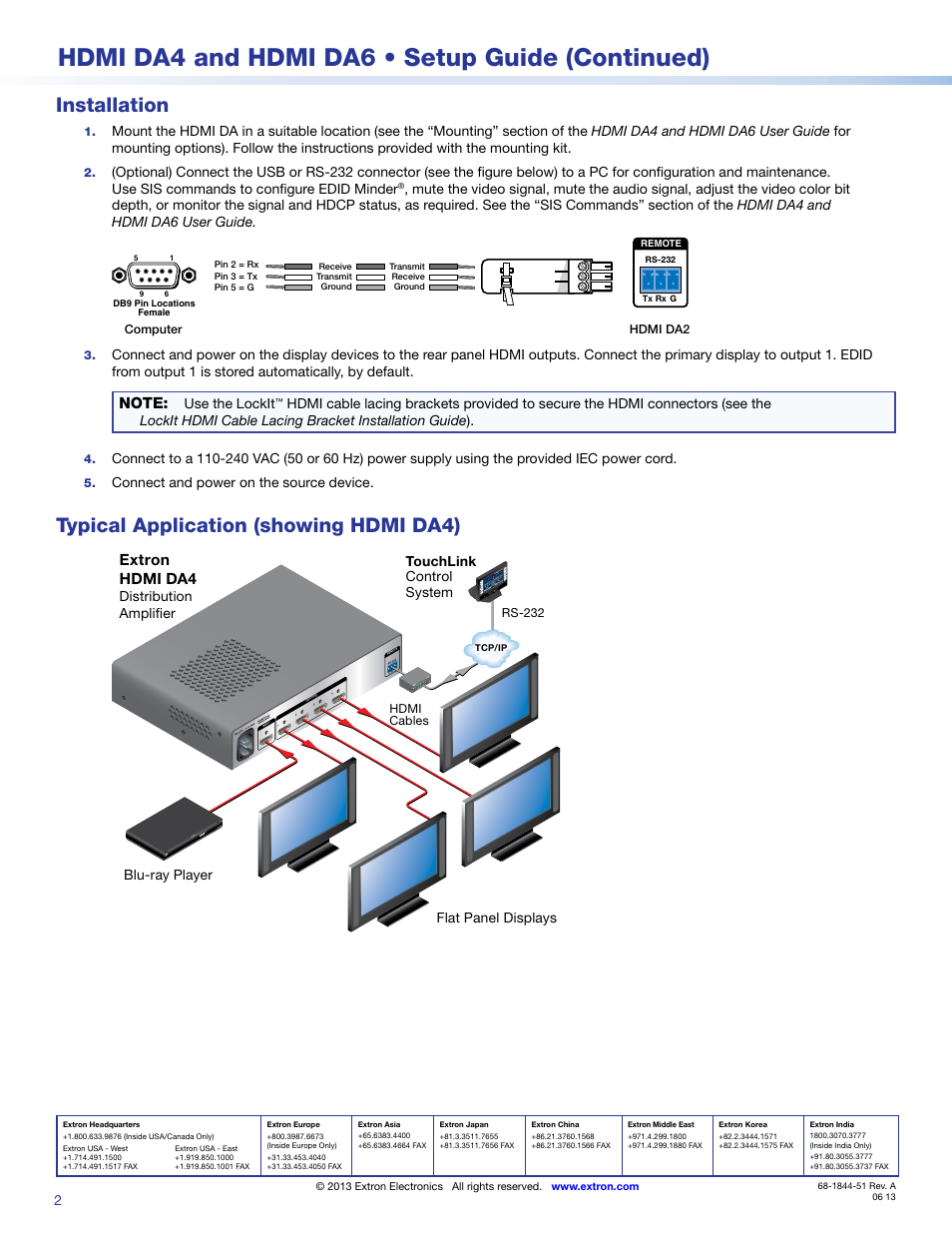 Installation, Typical application (showing hdmi da4), Extron contact information | Hdmi da4 and hdmi da6 • setup guide (continued), Extron hdmi da4 | Extron Electronics HDMI DA6 Setup Guide User Manual | Page 2 / 2