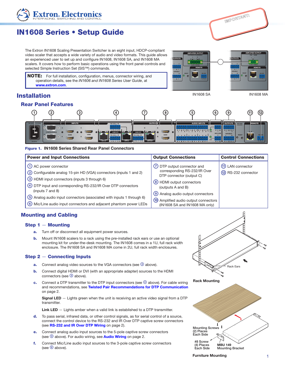 Extron Electronics IN1608 Series Setup Guide User Manual | 4 pages
