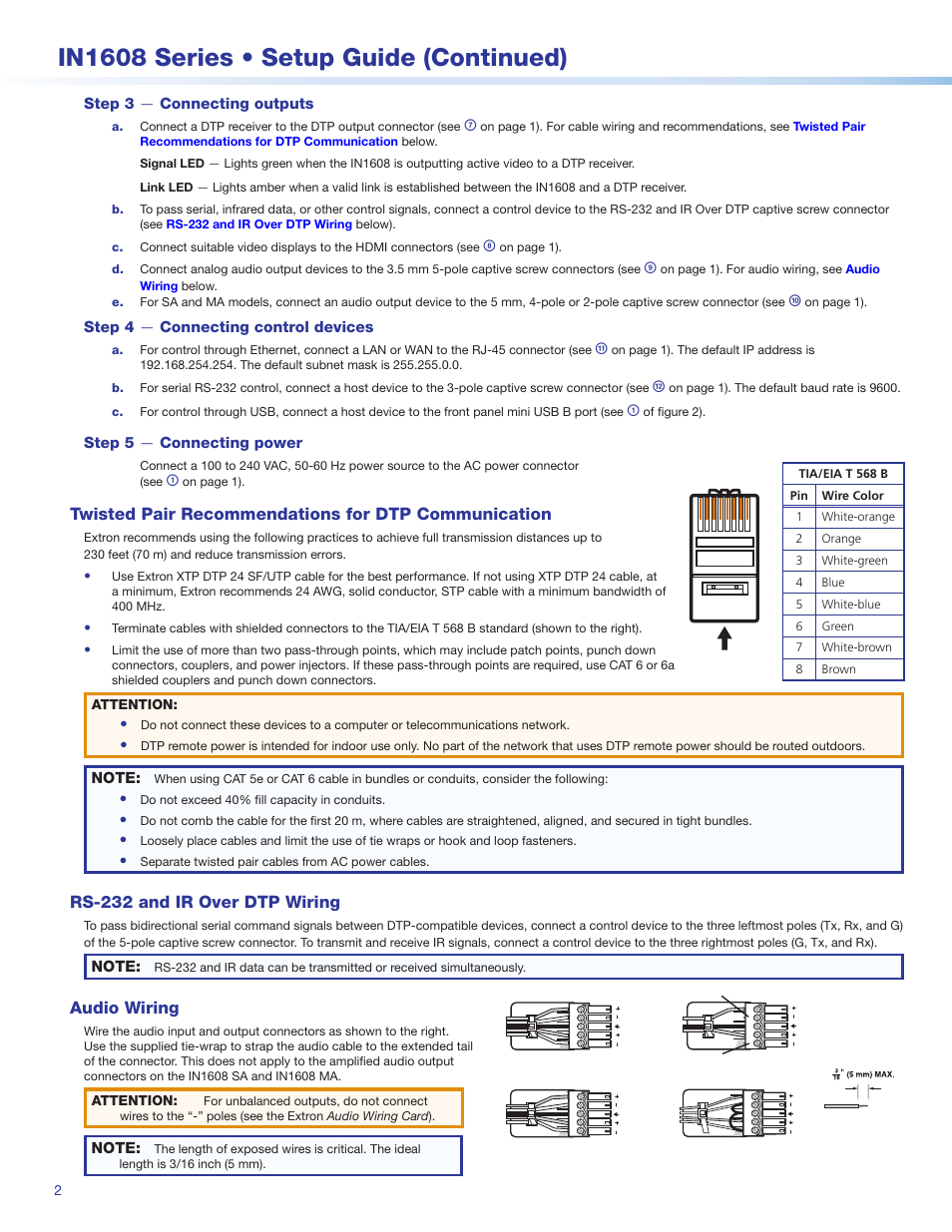 Ecommendations, see, Twisted pair recommendations for dtp communication, Rs-232 and ir over dtp wiring | Audio wiring, In1608 series • setup guide (continued) | Extron Electronics IN1608 Series Setup Guide User Manual | Page 2 / 4
