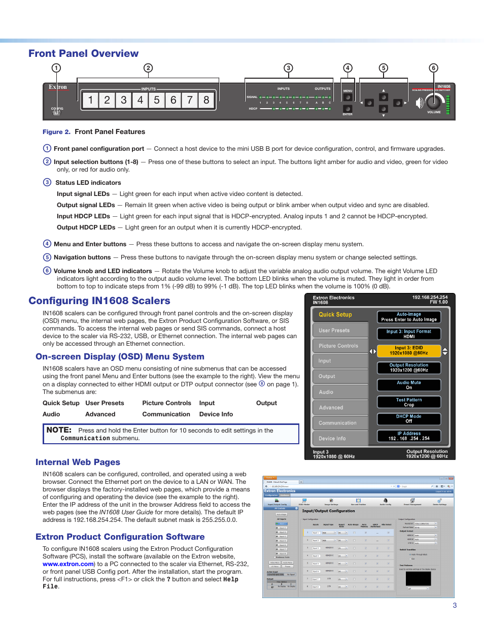 Front panel overview, Configuring in1608 scalers, On-screen display (osd) menu system | Internal web pages, Extron product configuration software | Extron Electronics IN1608 Series Setup Guide User Manual | Page 3 / 4