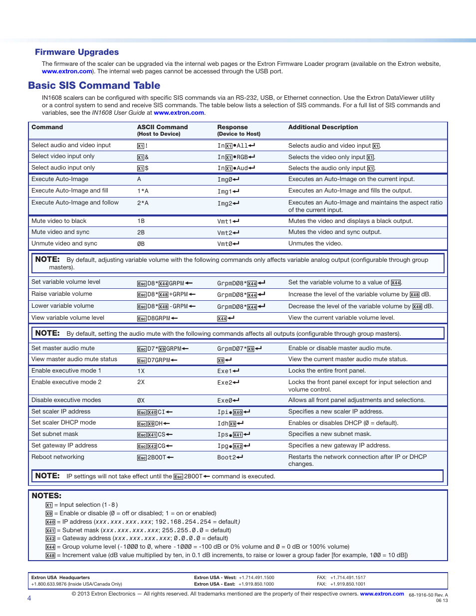 Basic sis command table, Firmware upgrades | Extron Electronics IN1608 Series Setup Guide User Manual | Page 4 / 4