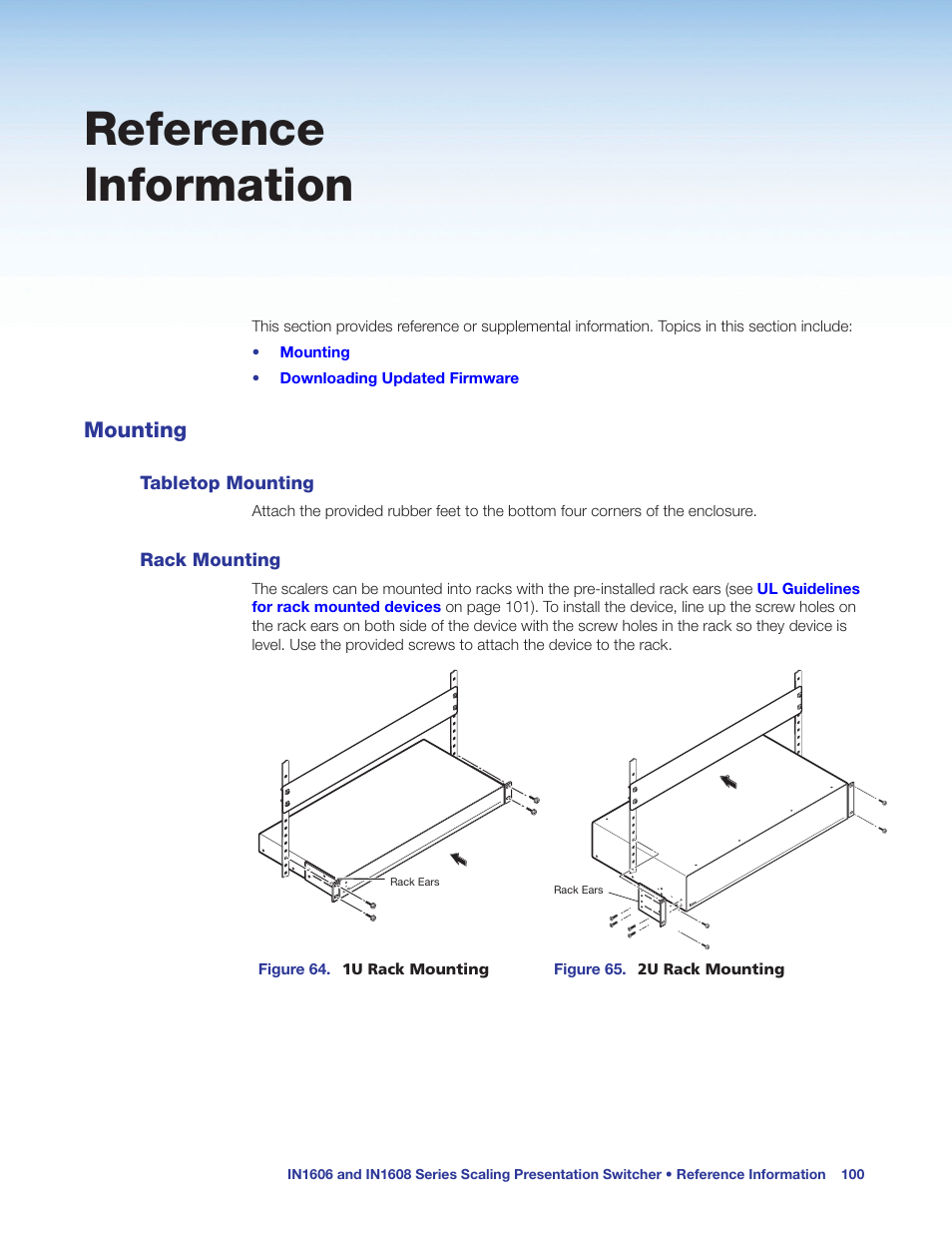 Reference information, Mounting, Tabletop mounting | Rack mounting, Tabletop mounting rack mounting | Extron Electronics IN1608 MA User Guide User Manual | Page 106 / 109