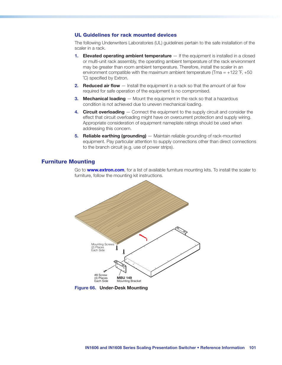 Furniture mounting, Ul guidelines, For rack mounted devices | Extron Electronics IN1608 MA User Guide User Manual | Page 107 / 109
