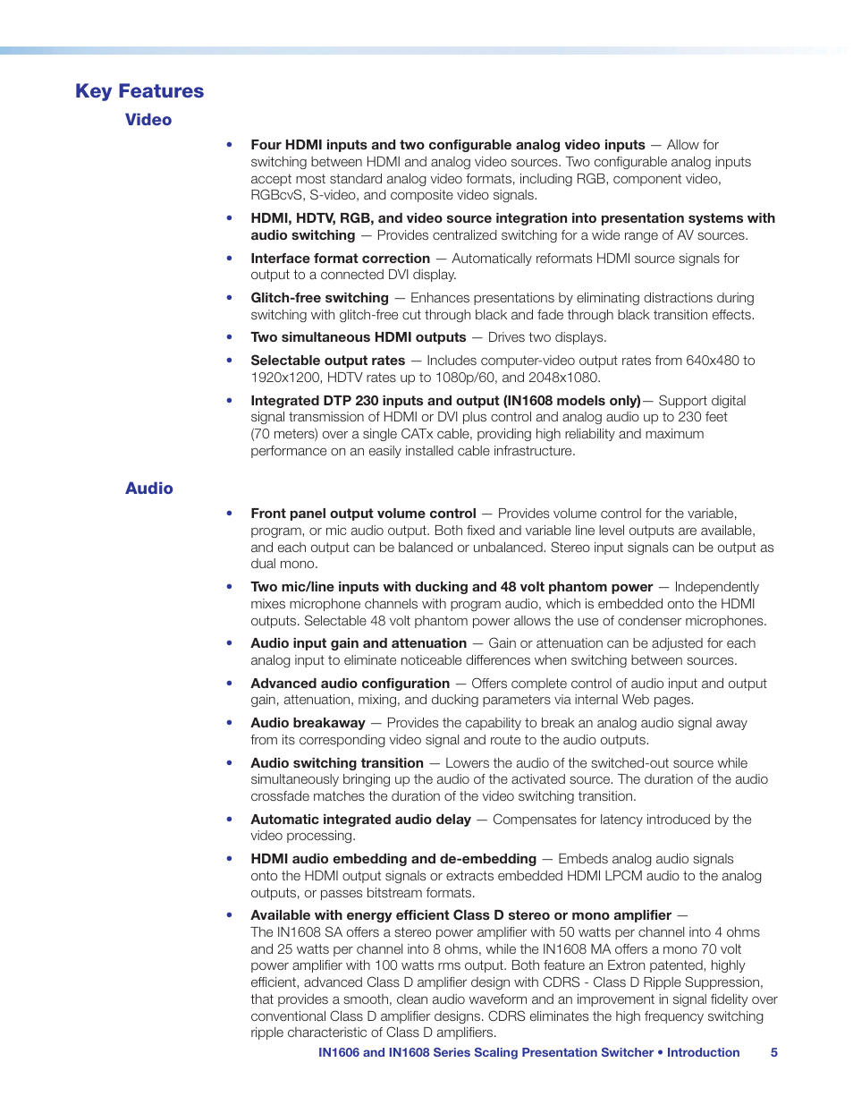 Key features, Video, Audio | Video audio | Extron Electronics IN1608 MA User Guide User Manual | Page 11 / 109