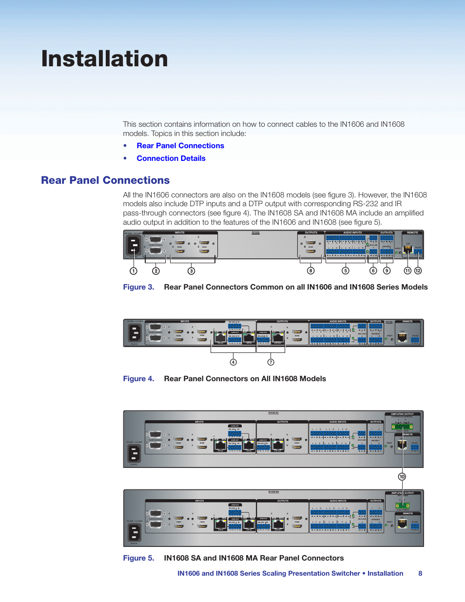 Installation, Rear panel connections | Extron Electronics IN1608 MA User Guide User Manual | Page 14 / 109