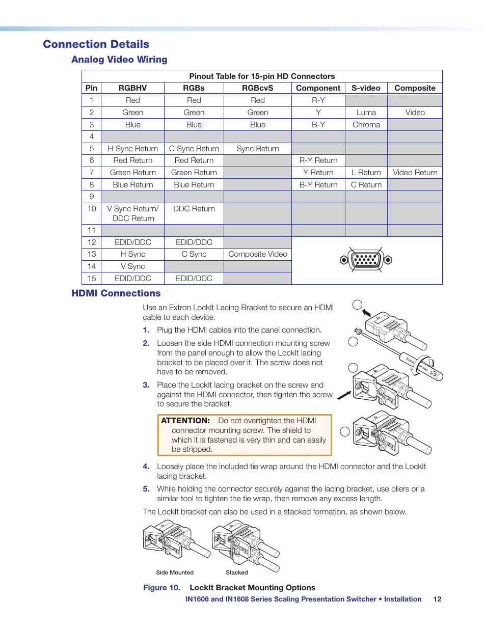 Connection details, Analog video wiring, Hdmi connections | Analog video wiring hdmi connections, Rgbcvs, s-video, and composite video (see, Analog video, Wiring | Extron Electronics IN1608 MA User Guide User Manual | Page 18 / 109