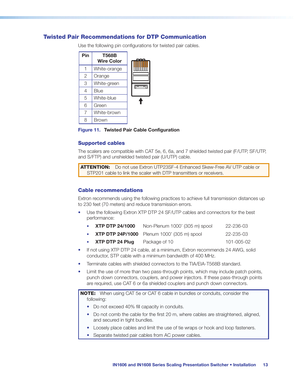 Twisted pair recommendations for dtp communication, Twisted pair recommendations for dtp, Communication | Extron Electronics IN1608 MA User Guide User Manual | Page 19 / 109