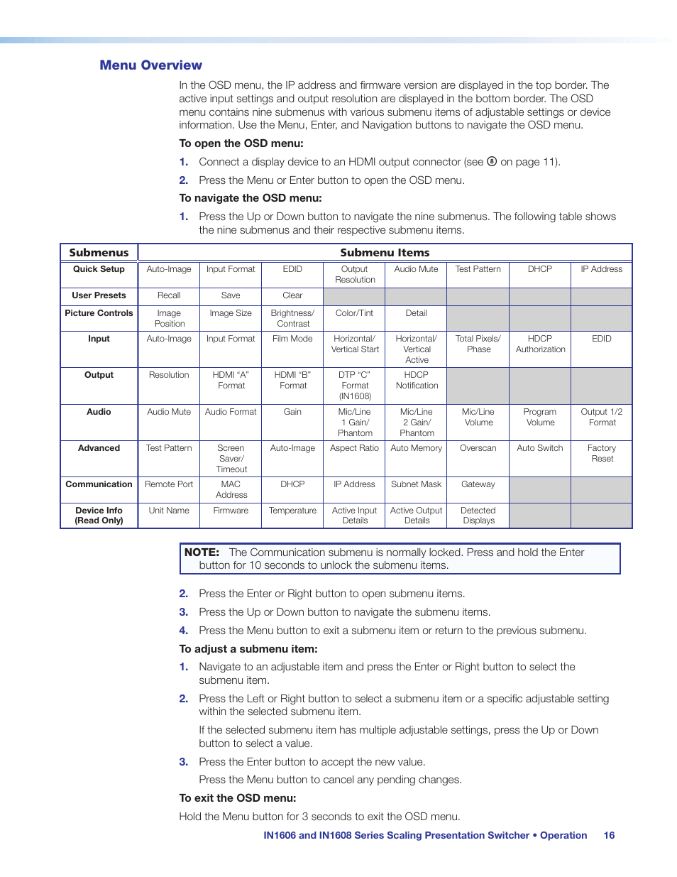 Menu overview | Extron Electronics IN1608 MA User Guide User Manual | Page 22 / 109