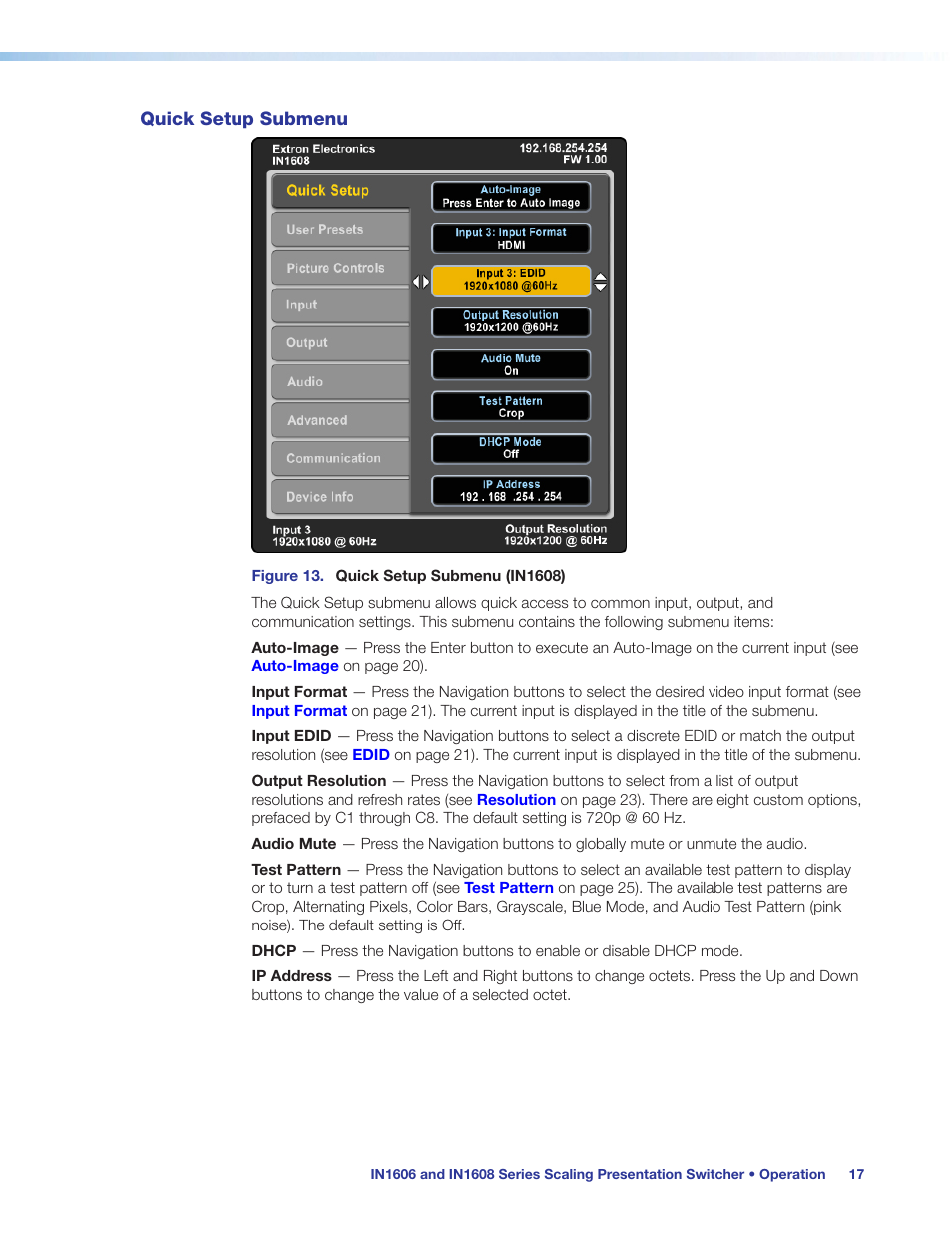 Quick setup submenu | Extron Electronics IN1608 MA User Guide User Manual | Page 23 / 109