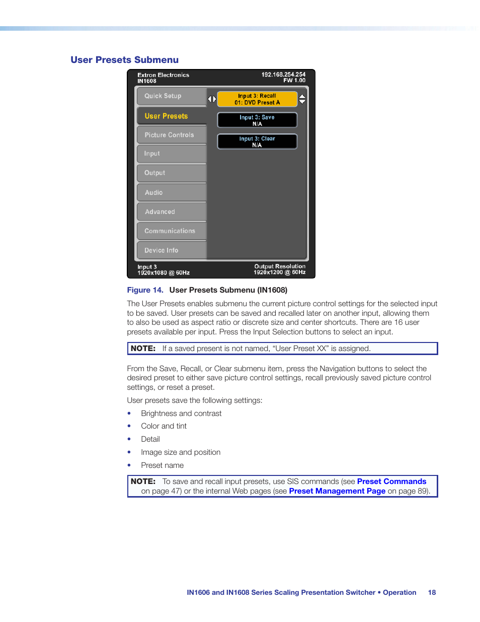 User presets submenu | Extron Electronics IN1608 MA User Guide User Manual | Page 24 / 109