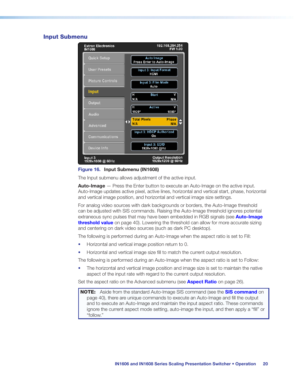 Input submenu, Auto-image | Extron Electronics IN1608 MA User Guide User Manual | Page 26 / 109