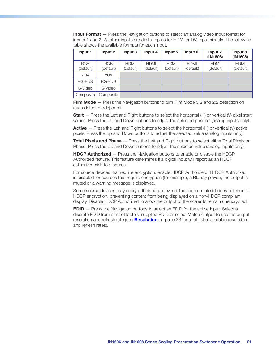 Input format, Esolution (see, Edid | Extron Electronics IN1608 MA User Guide User Manual | Page 27 / 109