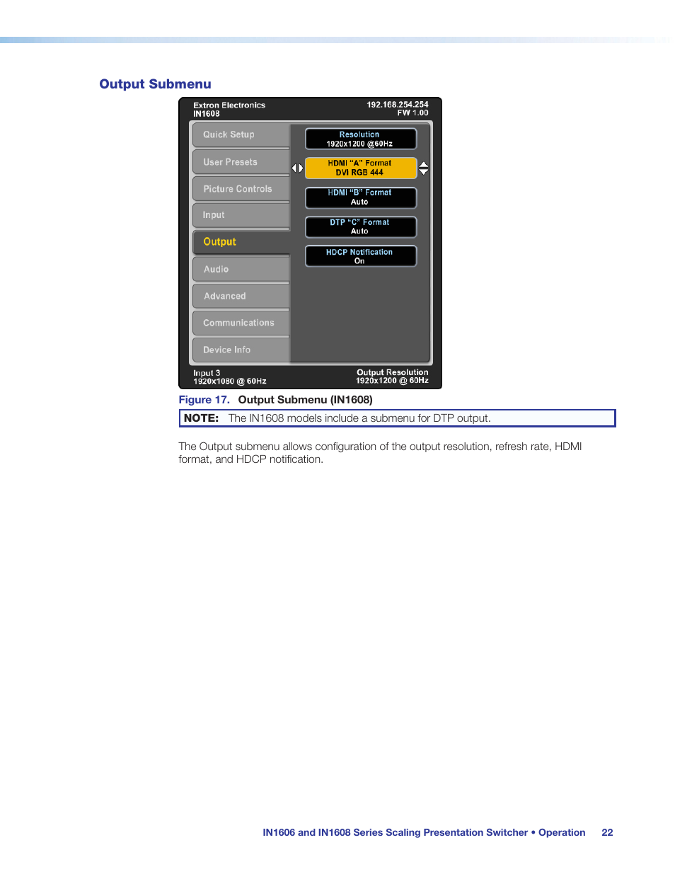 Output submenu | Extron Electronics IN1608 MA User Guide User Manual | Page 28 / 109