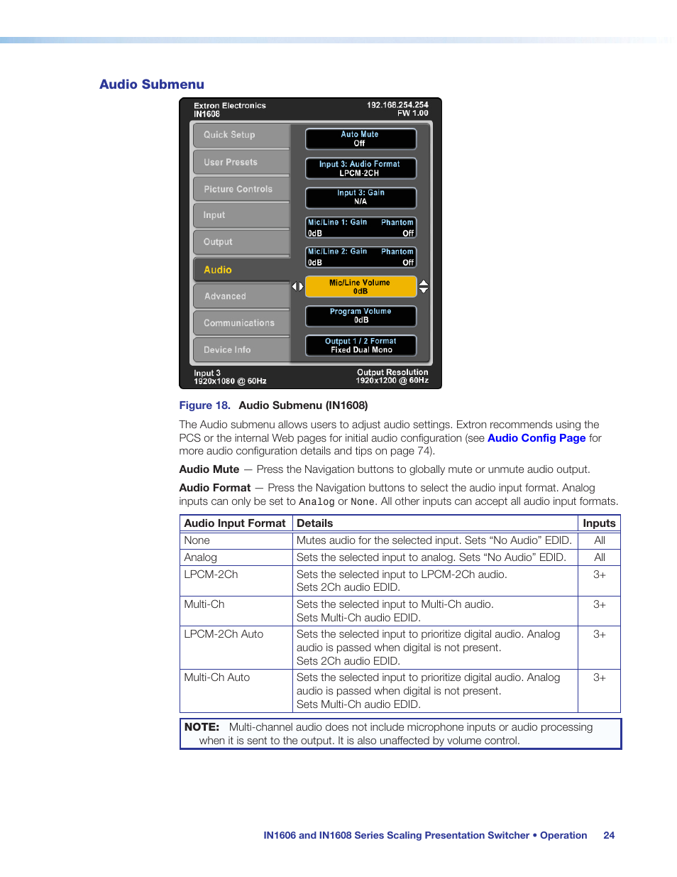 Audio submenu | Extron Electronics IN1608 MA User Guide User Manual | Page 30 / 109
