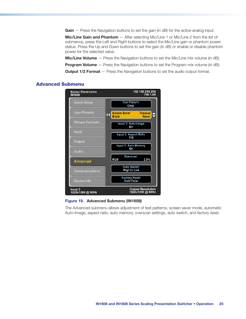 Advanced submenu | Extron Electronics IN1608 MA User Guide User Manual | Page 31 / 109