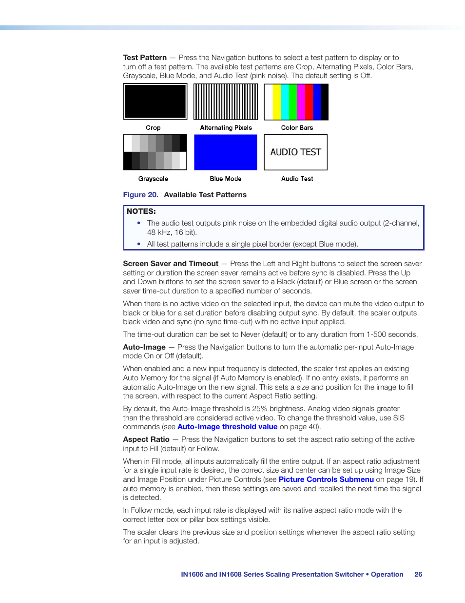 F (see, Test pattern, Set the aspect ratio on the advanced submenu (see | Aspect ratio | Extron Electronics IN1608 MA User Guide User Manual | Page 32 / 109