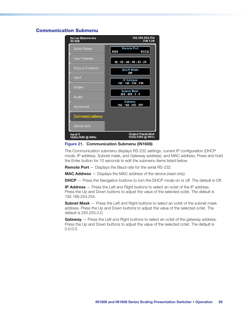 Communication submenu | Extron Electronics IN1608 MA User Guide User Manual | Page 34 / 109