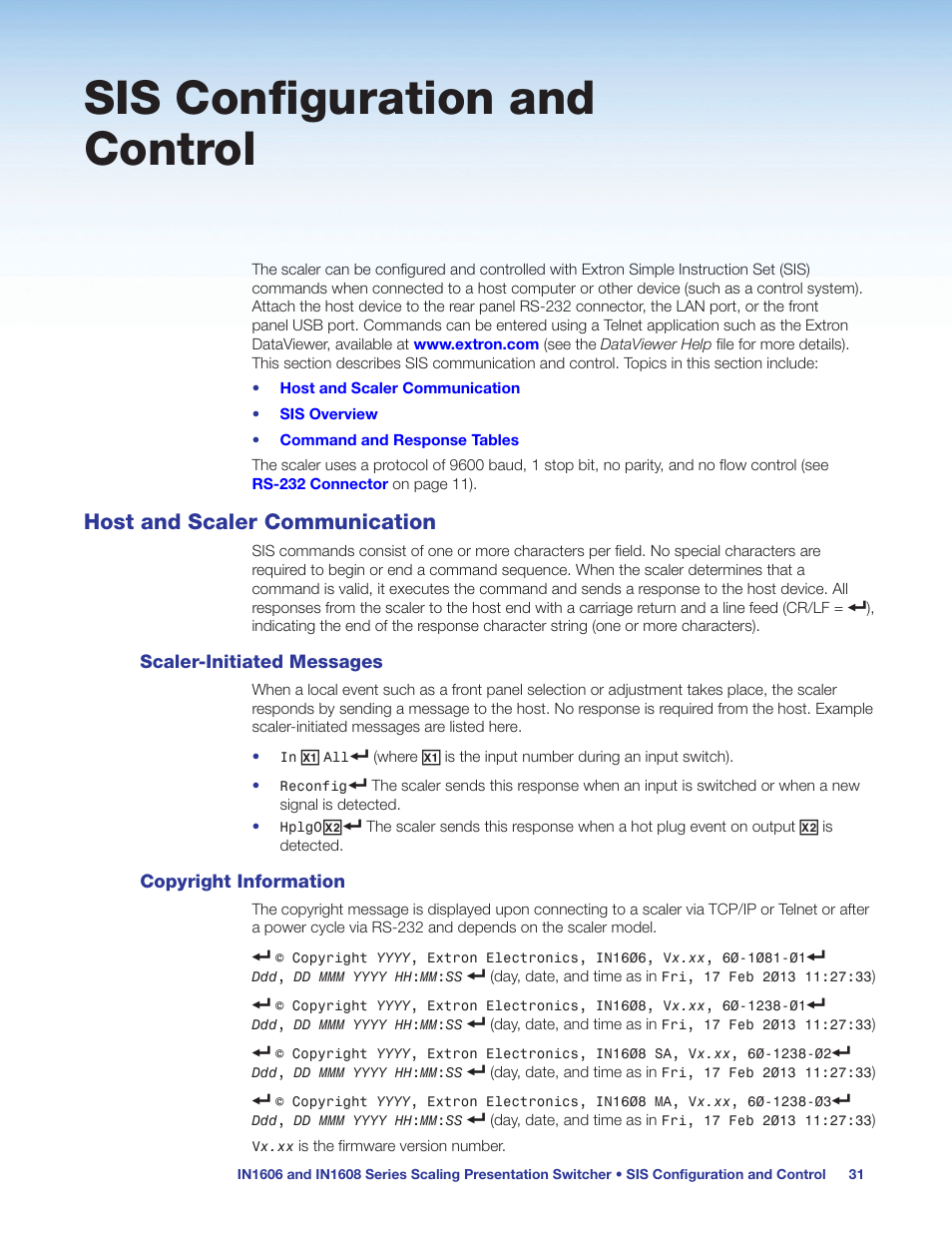 Sis configuration and control, Host and scaler communication, Scaler-initiated messages | Copyright information, Scaler-initiated messages copyright information, Ol (see | Extron Electronics IN1608 MA User Guide User Manual | Page 37 / 109