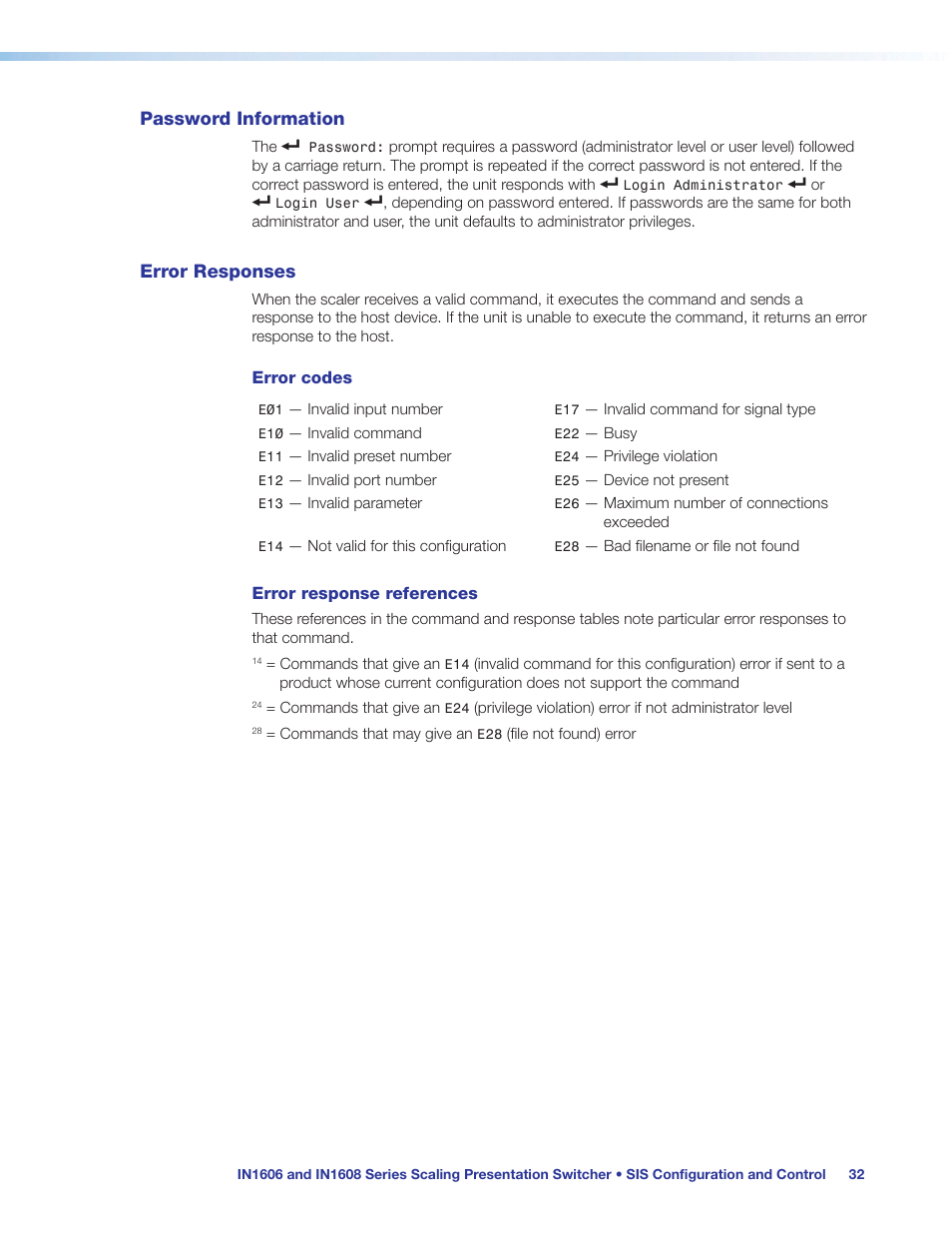 Password information, Error responses, Password information error responses | Extron Electronics IN1608 MA User Guide User Manual | Page 38 / 109