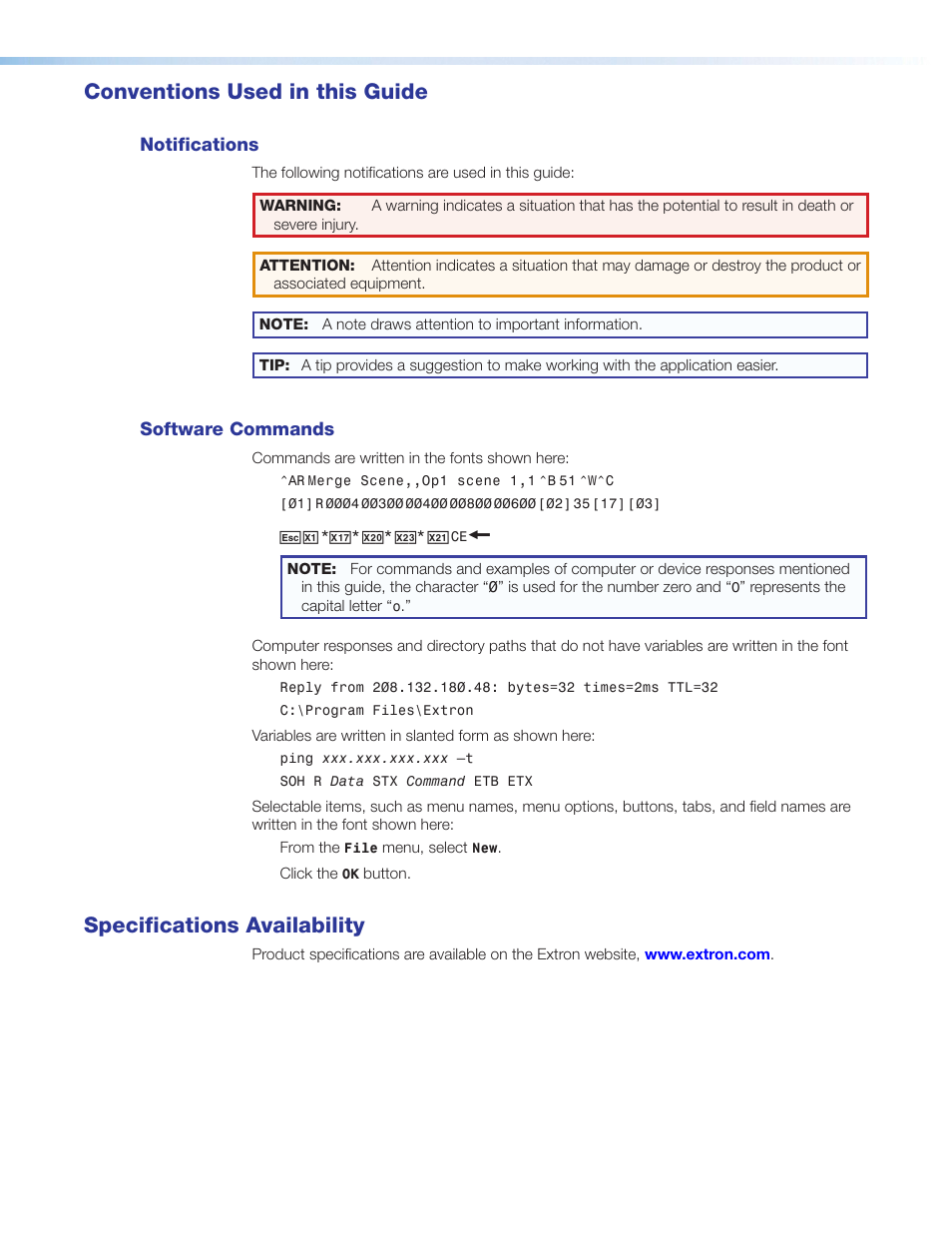 Conventions used in this guide, Notifications, Software commands | Specifications availability | Extron Electronics IN1608 MA User Guide User Manual | Page 4 / 109