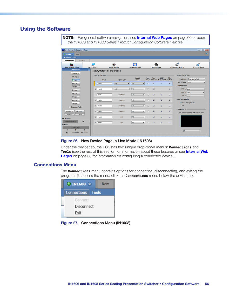 Using the software, Connections menu | Extron Electronics IN1608 MA User Guide User Manual | Page 62 / 109