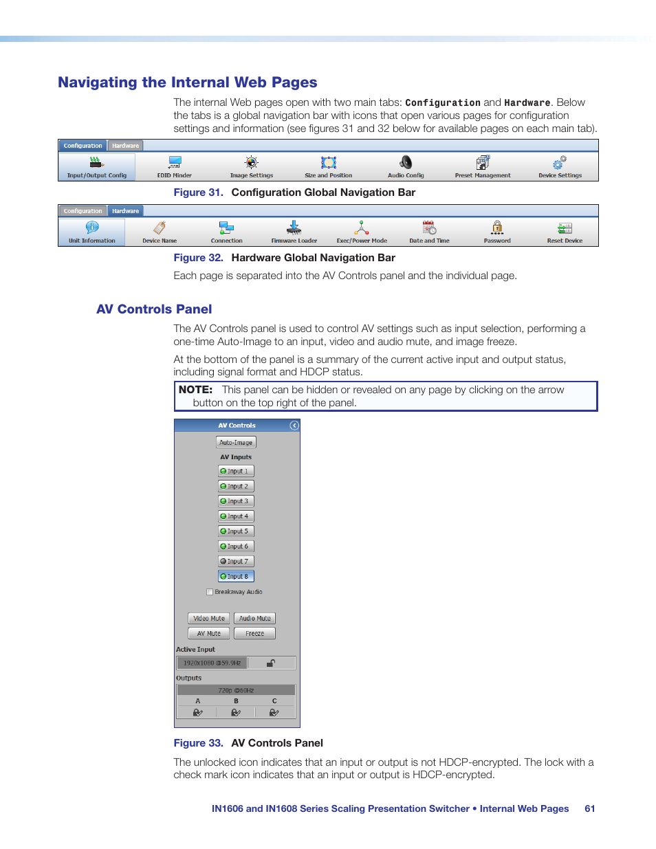 Av controls panel, Navigating the internal web pages | Extron Electronics IN1608 MA User Guide User Manual | Page 67 / 109