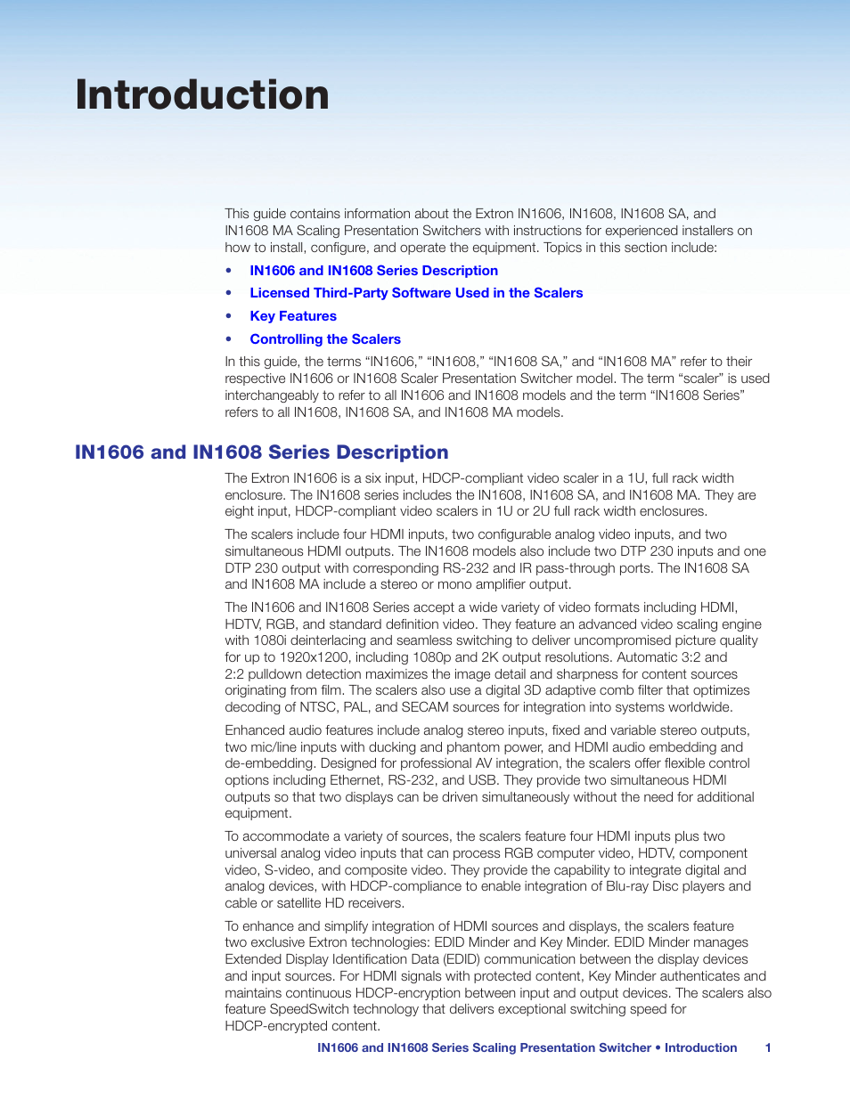 Introduction, In1606 and in1608 series description | Extron Electronics IN1608 MA User Guide User Manual | Page 7 / 109